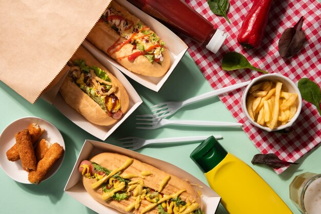 Draufsicht auf Hot Dogs mit einer Auswahl an Füllungen und Senf