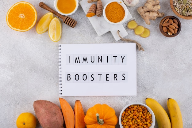 Draufsicht auf immunitätssteigernde Lebensmittel für einen gesunden Lebensstil