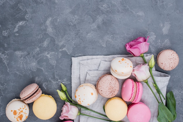 Draufsicht auf köstliche Macarons mit Rosen und Kopierraum