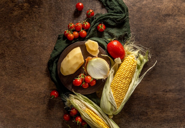 Kostenloses Foto draufsicht auf mais mit kartoffeln und tomaten