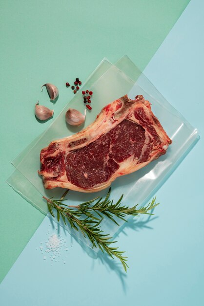 Draufsicht auf rohes Fleisch und Gewürze