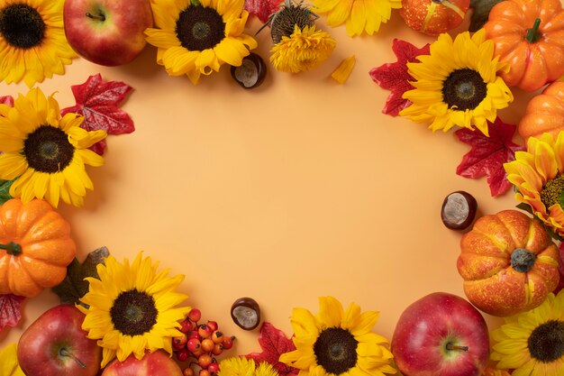 Draufsicht auf Sonnenblumenrahmen mit Äpfeln