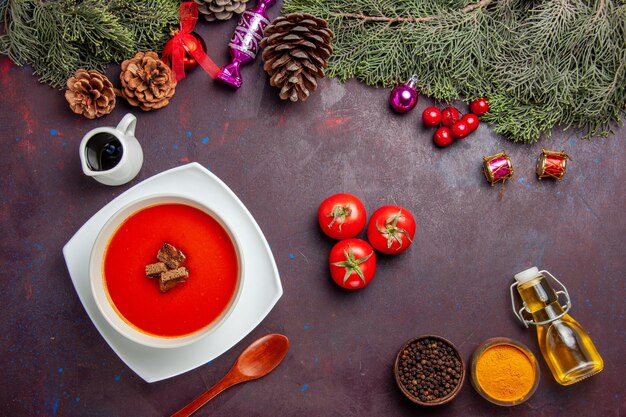 Draufsicht auf Tomatensuppe mit frischen Tomaten und Gewürzen auf Schwarz