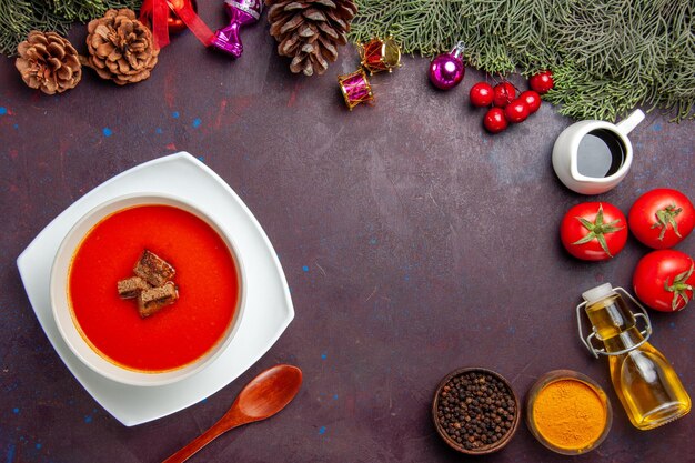 Draufsicht auf Tomatensuppe mit frischen Tomaten und Gewürzen auf Schwarz