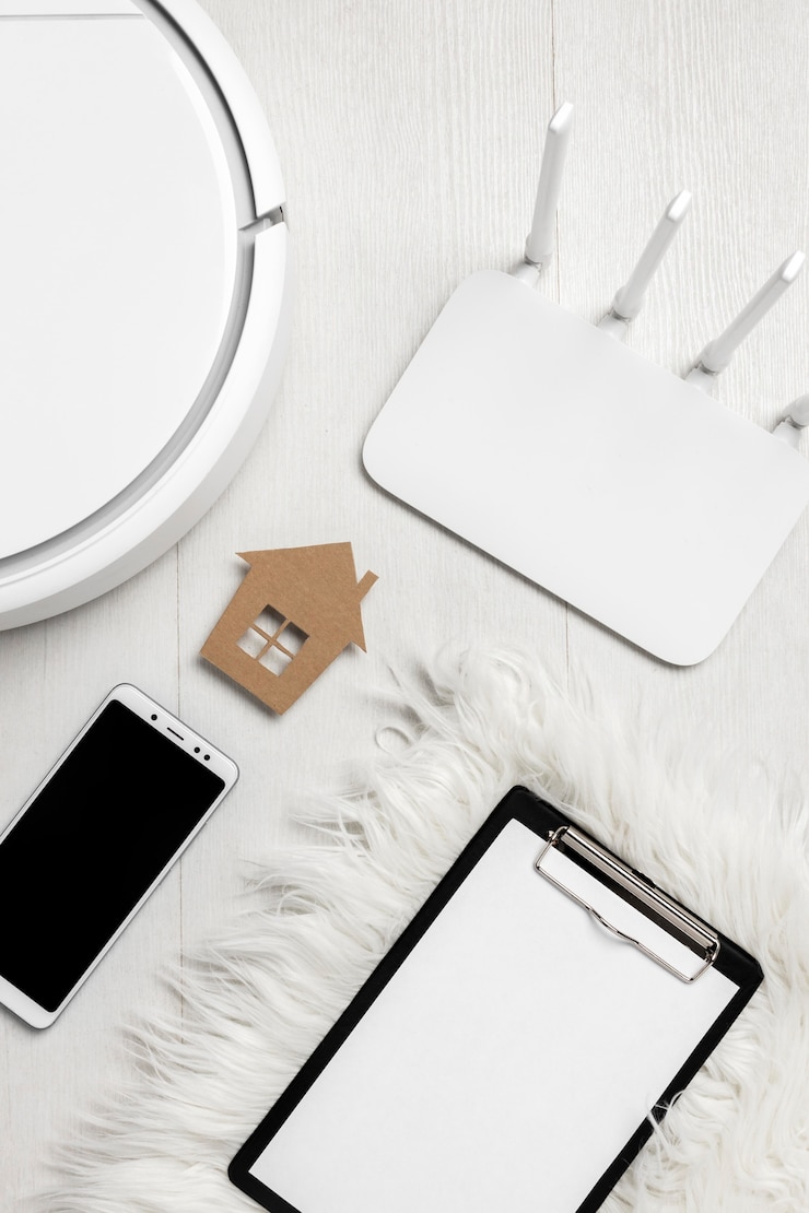 Kostenlose Foto draufsicht auf wi-fi-router mit intelligenten geräten und hausfigur