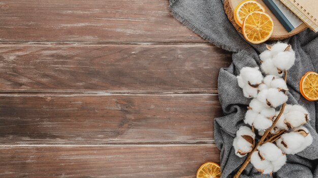 Draufsicht Baumwolle und getrocknete Orangen mit Kopierraum