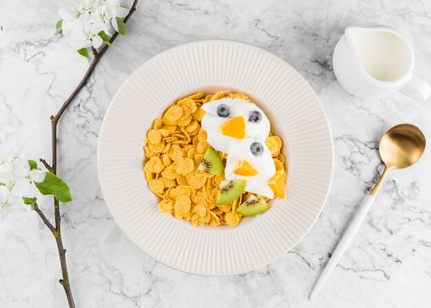 Draufsicht Cornflakes mit Yougurt und Früchten