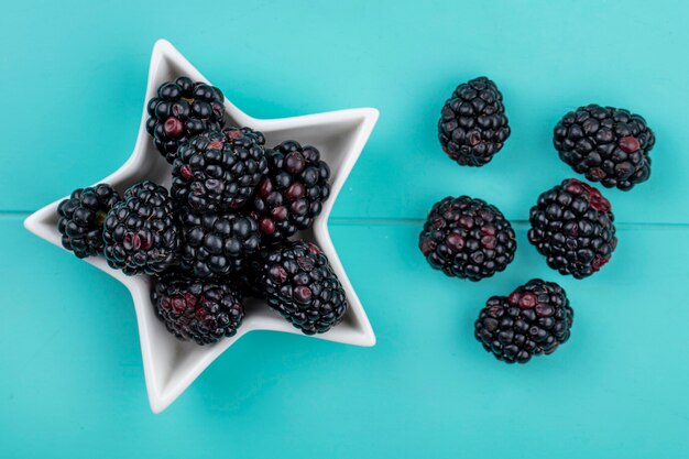 Kostenloses Foto draufsicht der brombeere in einer untertasse in form eines sterns auf einer hellblauen oberfläche