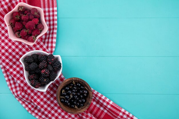 Draufsicht der Brombeere mit Himbeeren und schwarzen Johannisbeeren in Schalen auf einer türkisfarbenen Oberfläche