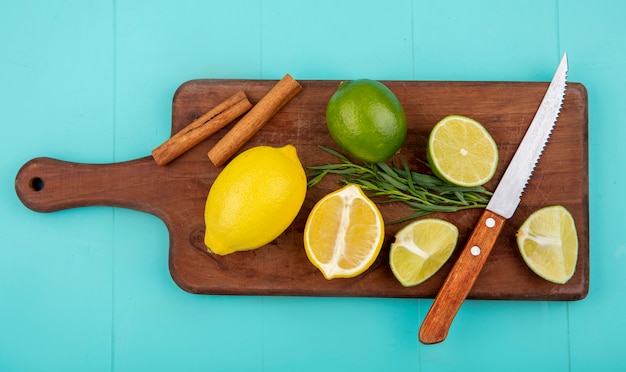Draufsicht der bunten Zitronen auf hölzernem Küchenbrett mit Messer und Zimtstangen auf Blau