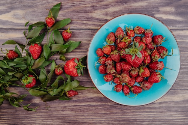 Draufsicht der frischen reifen Erdbeeren in einem blauen Teller und in den grünen Blättern auf rustikalem