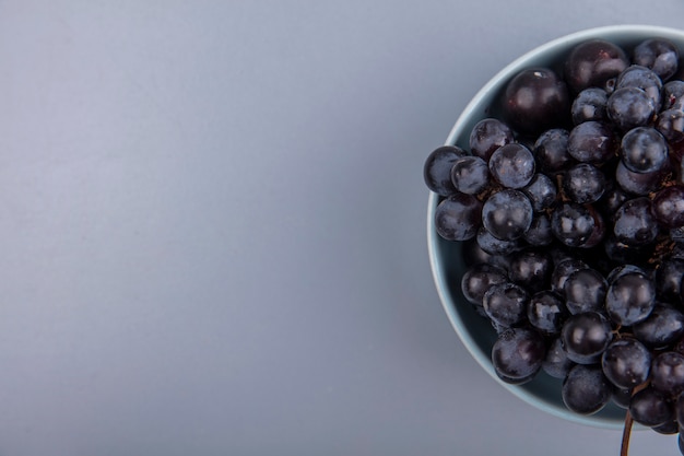 Draufsicht der Früchte als Trauben- und Schlehenbeeren in der Schüssel auf grauem Hintergrund mit Kopienraum