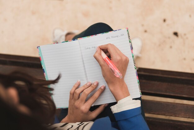 Draufsicht der Geschäftsfrau schriftlich in einem Notebook