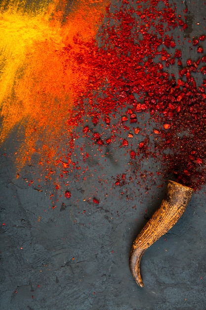 Kostenloses Foto draufsicht der gewürze der roten chili und des sumachpulvers mit curry auf schwarz