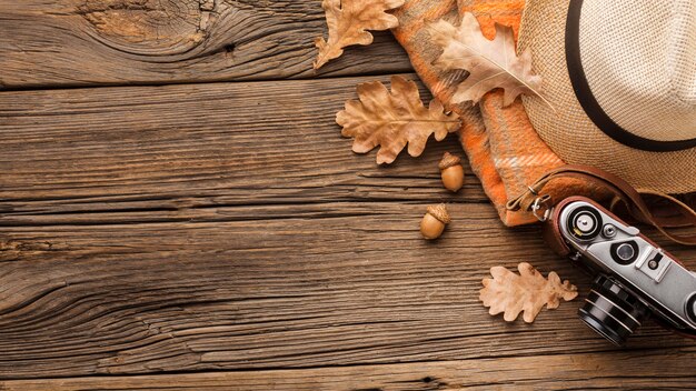 Draufsicht der Kamera mit Herbstlaub und Kopierraum