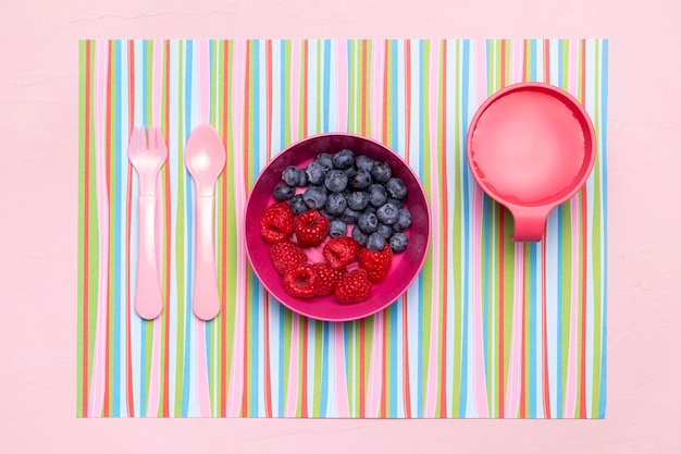 Draufsicht der Schüssel mit Blaubeeren und Himbeeren als Babynahrung