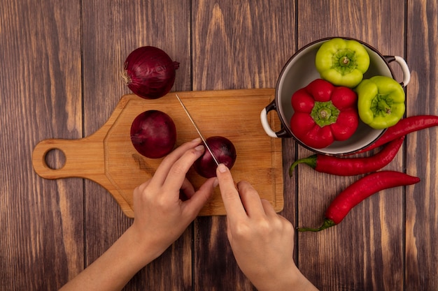 Draufsicht der weiblichen Hände, die eine rote Zwiebel auf einem hölzernen Küchenbrett mit Messer mit einer Schüssel Paprika auf einer hölzernen Oberfläche schneiden