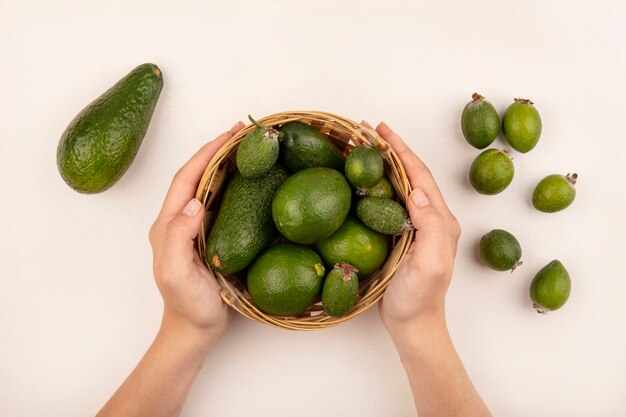 Draufsicht der weiblichen Hände, die einen Eimer mit frischen Früchten wie Feijoas-Limetten mit Feijoas und Avocados halten, die auf einer weißen Oberfläche isoliert werden