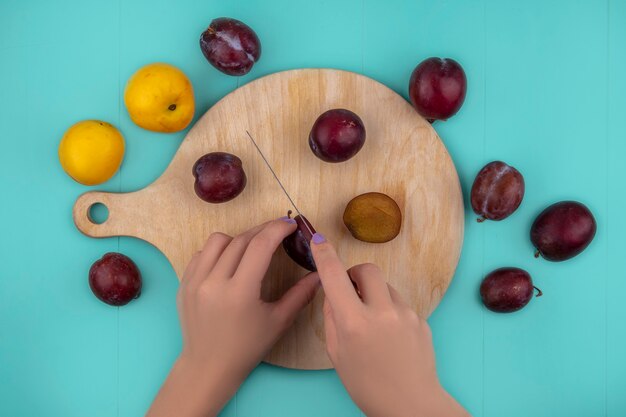 Draufsicht der weiblichen Hände, die Pluot mit Messer auf Schneidebrett und Muster von Nectacots und Pluots auf blauem Hintergrund schneiden