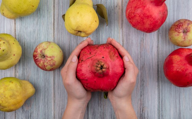 Draufsicht der weiblichen Hände, die roten frischen Granatapfel auf einem grauen hölzernen Hintergrund halten