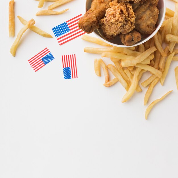 Draufsicht des amerikanischen Essens mit Kopienraum