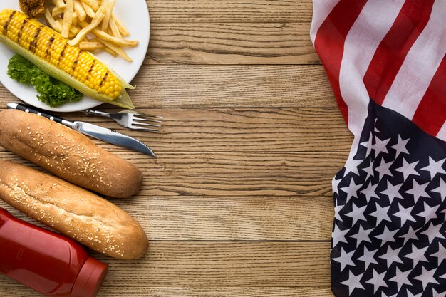 Draufsicht des amerikanischen Essens mit Kopienraum