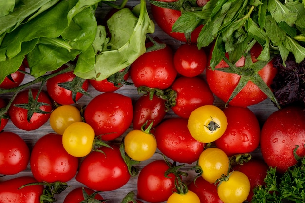 Draufsicht des Gemüses als Spinatgrünminze verlässt Koriander und Tomaten auf Holzoberfläche