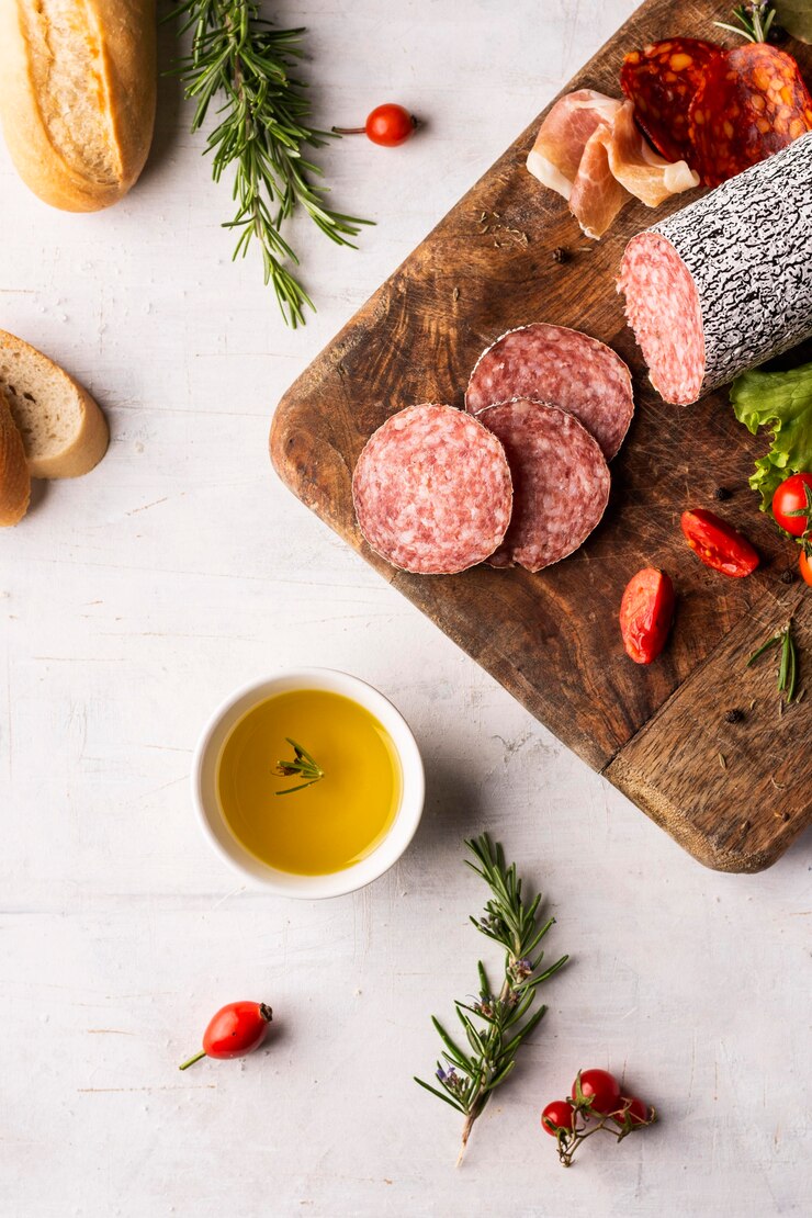 Kostenlose Foto draufsicht des köstlichen salami-konzepts