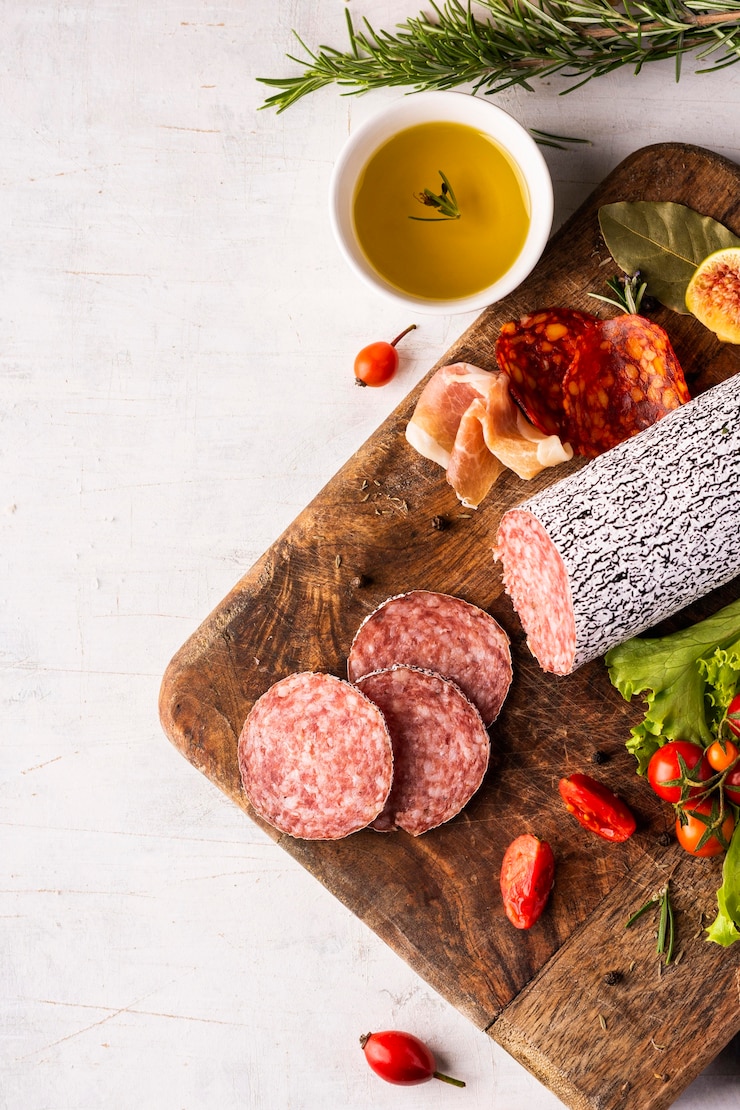 Kostenlose Foto draufsicht des köstlichen salami-konzepts