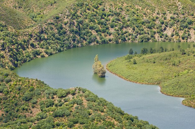 Draufsicht des Nationalparks Monfrague in Spanien. Hohe Berge und grün bewachsene Hügel mit einem Fluss