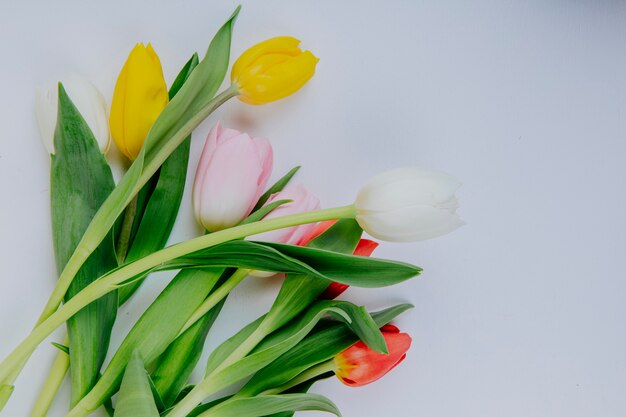 Draufsicht eines Blumenstraußes der bunten Tulpenblumen lokalisiert auf weißem Hintergrund mit Kopienraum