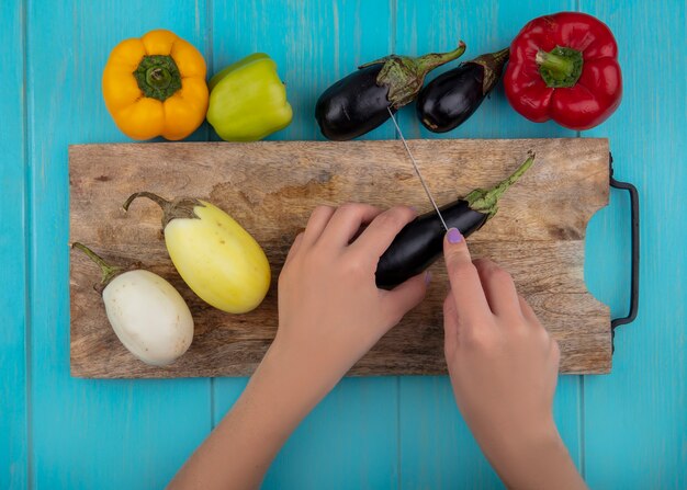 Draufsicht Frau schneidet Aubergine auf einem Schneidebrett mit farbigen Paprika auf einem türkisfarbenen Hintergrund