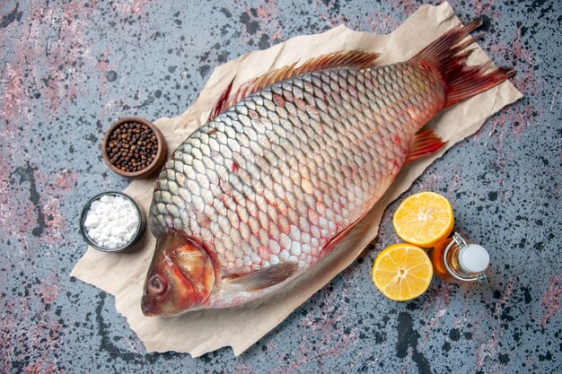 Draufsicht frischer roher Fisch mit Gewürzen auf blauem Hintergrund