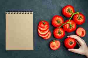 Kostenloses Foto draufsicht frischer tomatenzweig gehackte tomaten rote tomate in weiblichem handnotizbuch auf schwarzem tisch