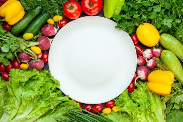 Draufsicht frisches Gemüse Petersilie Paprika Salat Dill Zitronentomaten Rettich weiße runde Platte auf dunkler Oberfläche