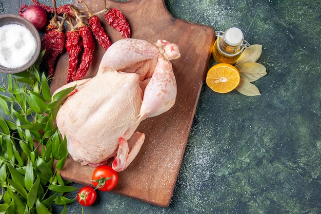 Draufsicht frisches Huhn mit roten Tomaten auf dunkelblauer Oberfläche