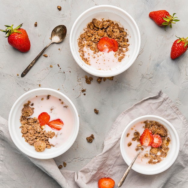 Draufsicht Frühstücksschalen mit Müsli und Milch
