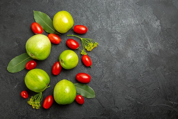 Draufsicht grüne Tomaten und Kirschtomaten Dillblumen und Lorbeerblätter auf dunklem Grund mit Kopierraum