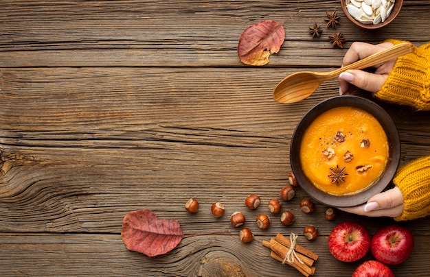 Draufsicht Herbstnahrung Kürbissuppe Kopienraum