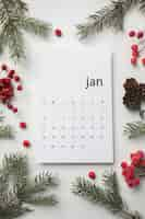 Kostenloses Foto draufsicht januar kalender und zweige