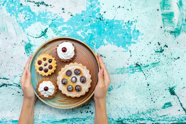 Draufsicht kleine Kuchen mit Sahnezuckerpulverfrüchten auf dem hellblauen Hintergrundkuchen-Sahnekeks-süßen Zuckerauflauf