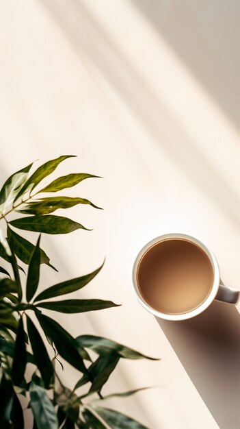 Draufsicht köstliche Kaffeetasse mit Pflanzen