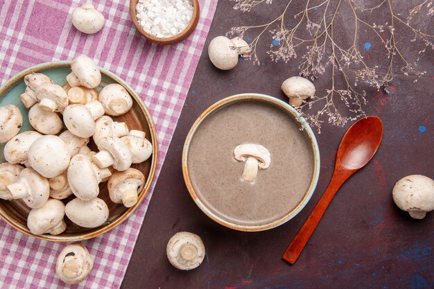 Draufsicht köstliche Pilzsuppe mit frischen Pilzen auf dunklem Raum