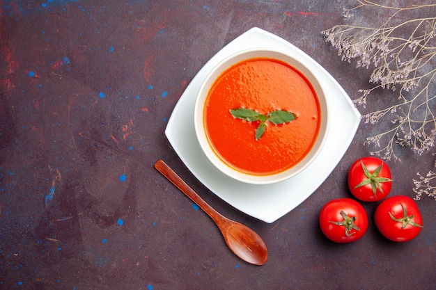 Kostenloses Foto draufsicht köstliche tomatensuppe leckeres gericht mit einzelnem blatt im teller auf dem dunklen hintergrund gericht soße tomatenfarbe suppenmahlzeit