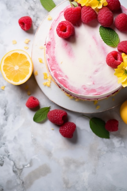 Draufsicht köstlicher Kuchen mit Himbeeren