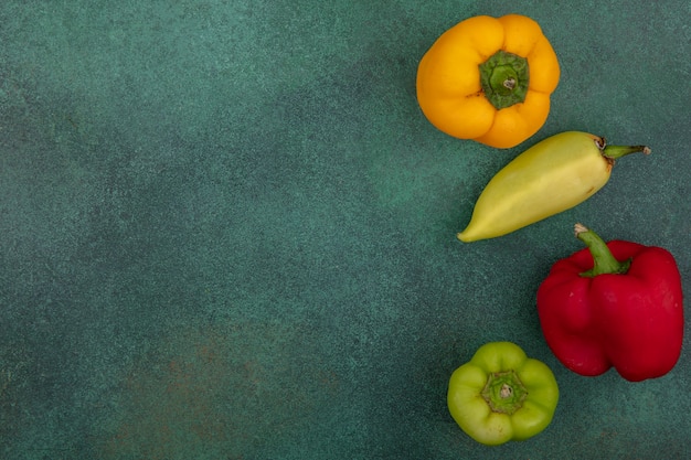 Draufsicht kopieren Raum farbige Paprika auf einem grünen Hintergrund