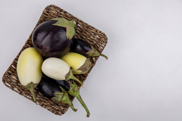 Draufsicht kopieren Raum weiße und schwarze Aubergine auf Ständer auf weißem Hintergrund