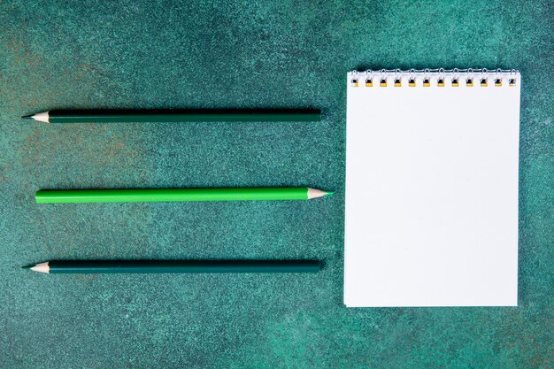 Draufsicht kopieren Raumstifte grüne Tönung mit einem Notizbuch auf einem grünen Hintergrund