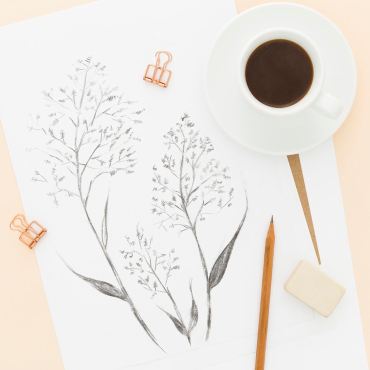 Kostenlose Foto draufsicht künstlerische bleistiftzeichnung mit tasse kaffee