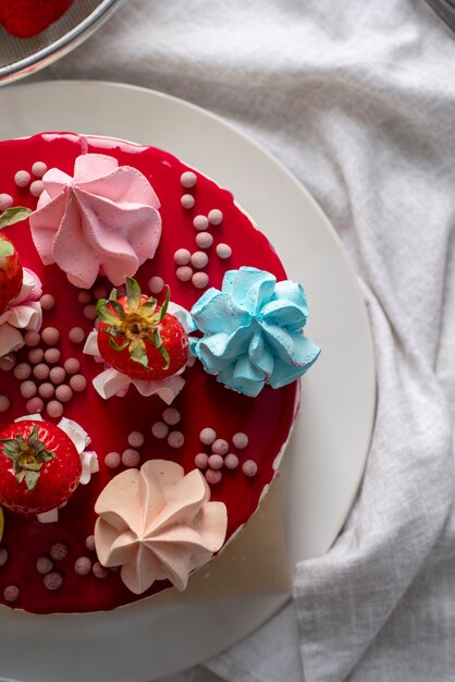 Draufsicht leckerer Kuchen mit Erdbeere